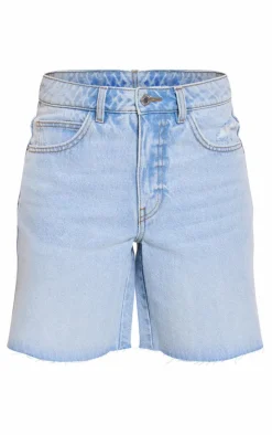 PRETTYLITTLETHING Light Blue Wash Raw Hem Longline Loose Fit Denim Shorts