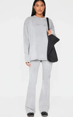 PRETTYLITTLETHING Light Grey Embossed Logo Washed Skinny Flare Pants