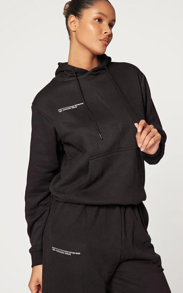 PRETTYLITTLETHING Logo Black Est 2012 Oversized Fit Hoodie