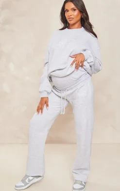 PRETTYLITTLETHING Maternity Ash Grey Embroidered Wide Leg Sweatpants