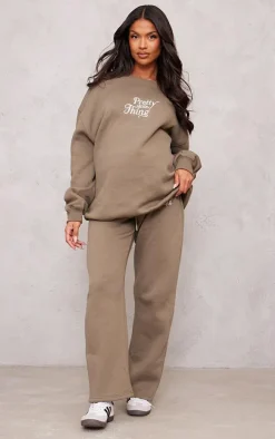 PRETTYLITTLETHING Maternity Khaki Embroidered Wide Leg Sweatpants