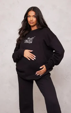 PRETTYLITTLETHING Maternity Black Embroidered Oversized Sweatshirt