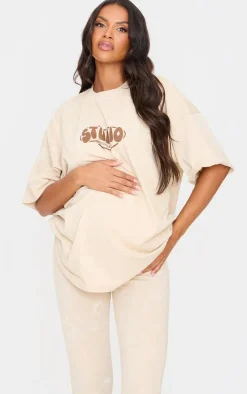 PRETTYLITTLETHING Maternity Washed Stone Oversized T-shirt