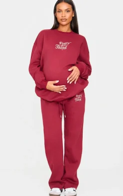 PRETTYLITTLETHING Maternity Burgundy Embroidered Oversized Sweatshirt