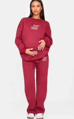 PRETTYLITTLETHING Maternity Burgundy Embroidered Wide Leg Sweatpants