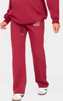 PRETTYLITTLETHING Maternity Burgundy Embroidered Wide Leg Sweatpants