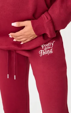 PRETTYLITTLETHING Maternity Burgundy Embroidered Wide Leg Sweatpants