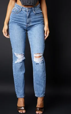 PRETTYLITTLETHING Mid Blue Knee Rip Mom Jeans