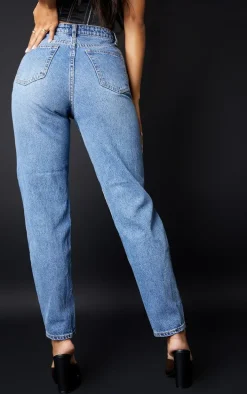 PRETTYLITTLETHING Mid Blue Knee Rip Mom Jeans