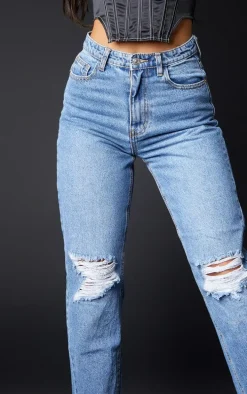 PRETTYLITTLETHING Mid Blue Knee Rip Mom Jeans