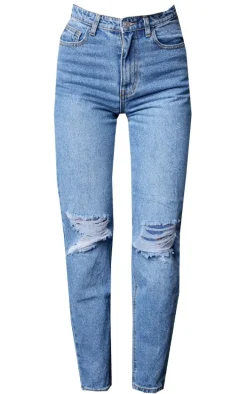PRETTYLITTLETHING Mid Blue Knee Rip Mom Jeans