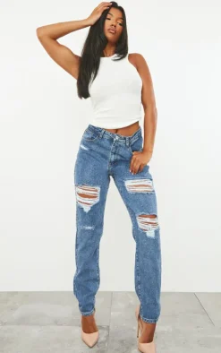 PRETTYLITTLETHING Mid Blue Ripped Mom Jeans