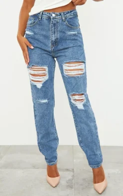 PRETTYLITTLETHING Mid Blue Ripped Mom Jeans