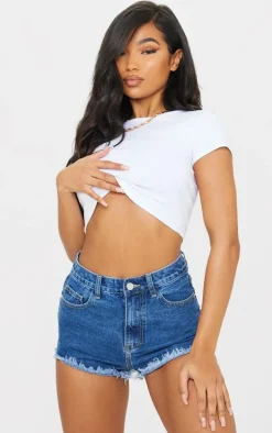 PRETTYLITTLETHING Mid Blue Wash Frayed Hem Denim Shorts