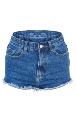 PRETTYLITTLETHING Mid Blue Wash Frayed Hem Denim Shorts