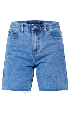 PRETTYLITTLETHING Mid Blue Wash Longline Fitted Denim Shorts