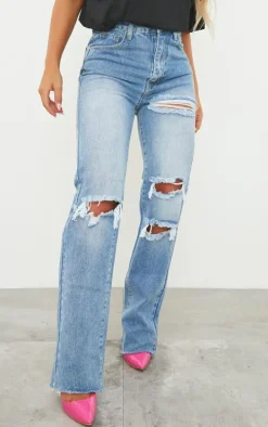 PRETTYLITTLETHING Mid Blue Wash Ripped Long Leg Straight Jeans