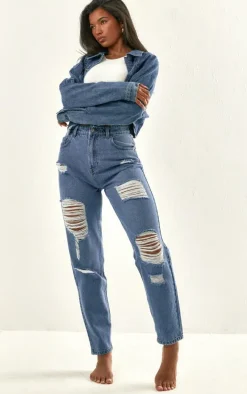 PRETTYLITTLETHING Mid Blue Wash Distressed Mom Jeans