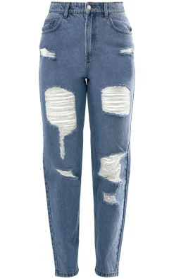PRETTYLITTLETHING Mid Blue Wash Distressed Mom Jeans