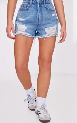 PRETTYLITTLETHING Mid Blue Wash Distressed High Rise Basic Denim Shorts