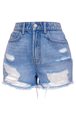 PRETTYLITTLETHING Mid Blue Wash Distressed High Rise Basic Denim Shorts