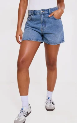 PRETTYLITTLETHING Mid Blue Wash Mom Denim Shorts