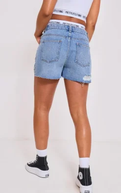 PRETTYLITTLETHING Mid Blue Wash Distressed High Rise Mom Denim Shorts