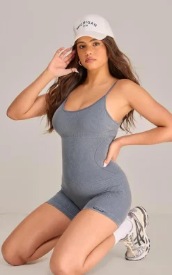 PRETTYLITTLETHING Midnight Blue Acid Wash Seamless Gym Unitard