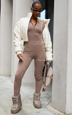 PRETTYLITTLETHING Mocha Crinkle Rib Split Hem Leggings