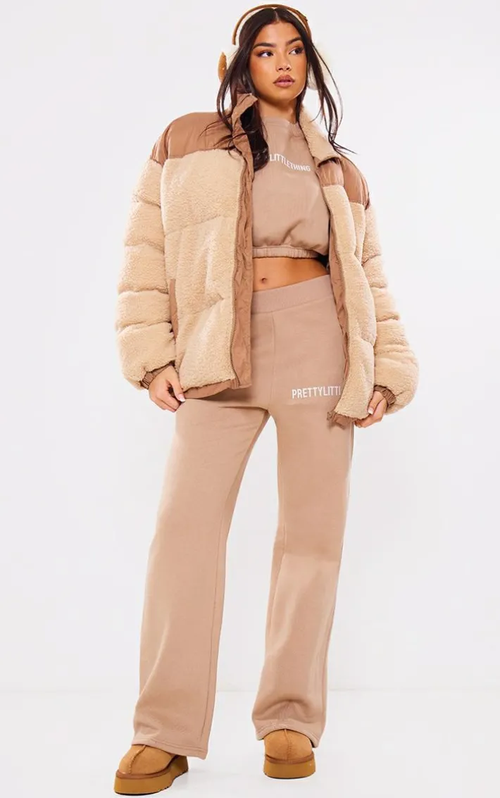 PRETTYLITTLETHING Mocha Logo Oversized Cinched Cropped Sweatshirt