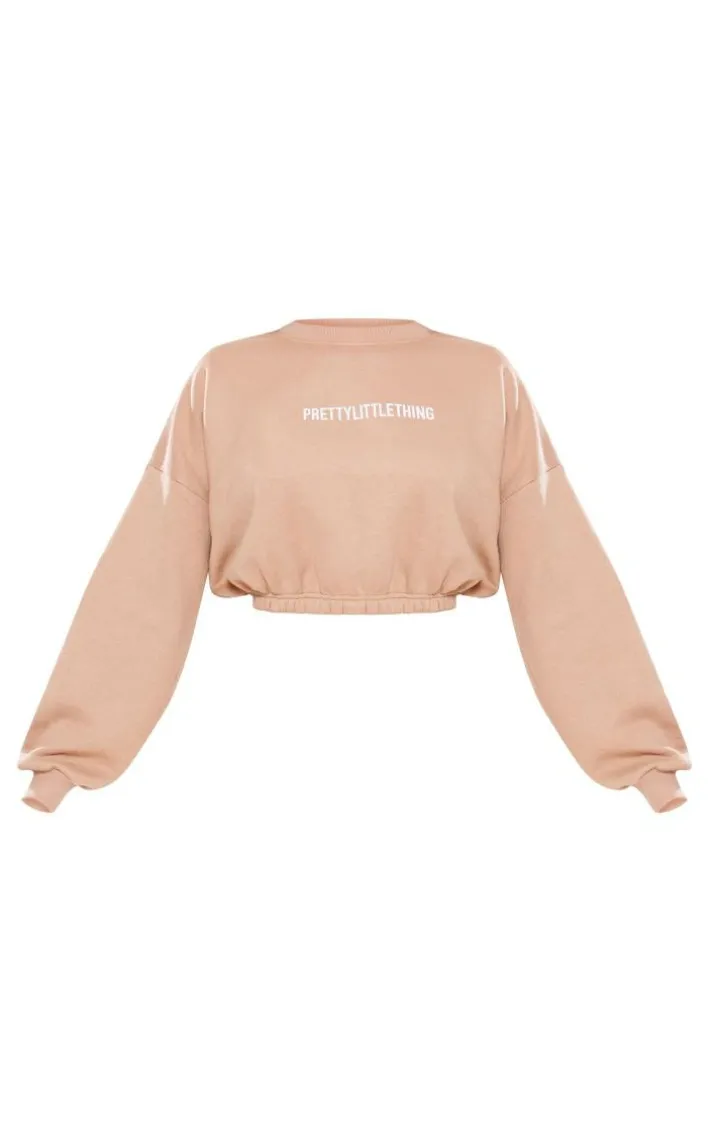 PRETTYLITTLETHING Mocha Logo Oversized Cinched Cropped Sweatshirt