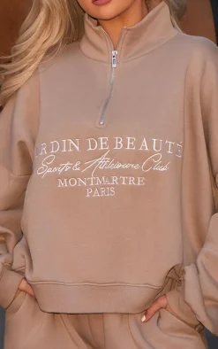 PRETTYLITTLETHING Mocha Logo Embroidered Half Zip Sweatshirt