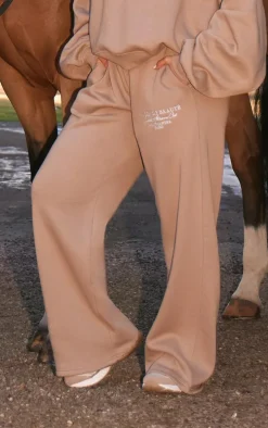PRETTYLITTLETHING Mocha Logo Embroidered Wide Leg Sweatpants