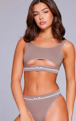 PRETTYLITTLETHING Mocha Seamless Rib Cut Out Bralette