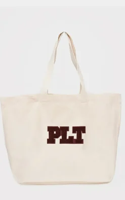 PRETTYLITTLETHING Natural Borg Logo Tote Bag