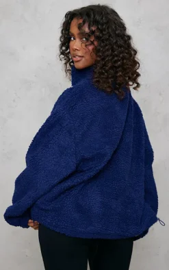 PRETTYLITTLETHING Navy Graphic Front Teddy Jacket