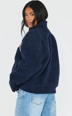 PRETTYLITTLETHING Navy Graphic Zip Up Fleece Jacket