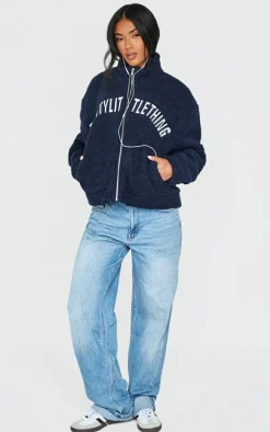 PRETTYLITTLETHING Navy Graphic Zip Up Fleece Jacket