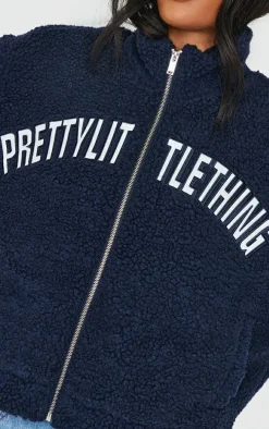 PRETTYLITTLETHING Navy Graphic Zip Up Fleece Jacket