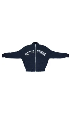 PRETTYLITTLETHING Navy Graphic Zip Up Fleece Jacket