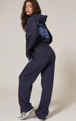 PRETTYLITTLETHING Navy Oversized Puff Print Straight Leg Sweatpants