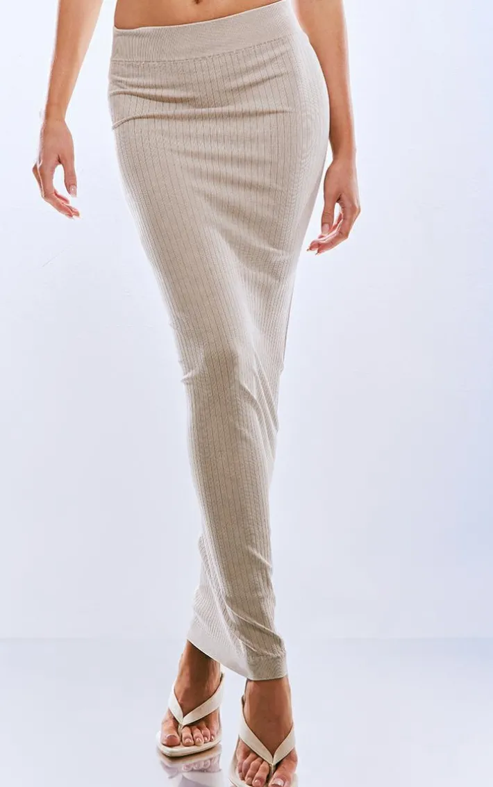 PRETTYLITTLETHING Oatmeal Washed Snatched Rib Low Rise Midaxi Skirt
