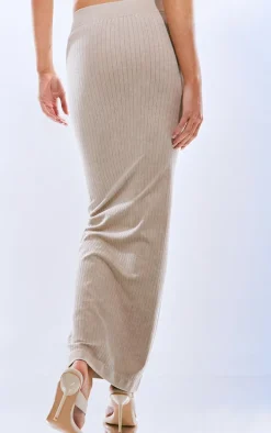 PRETTYLITTLETHING Oatmeal Washed Snatched Rib Low Rise Midaxi Skirt