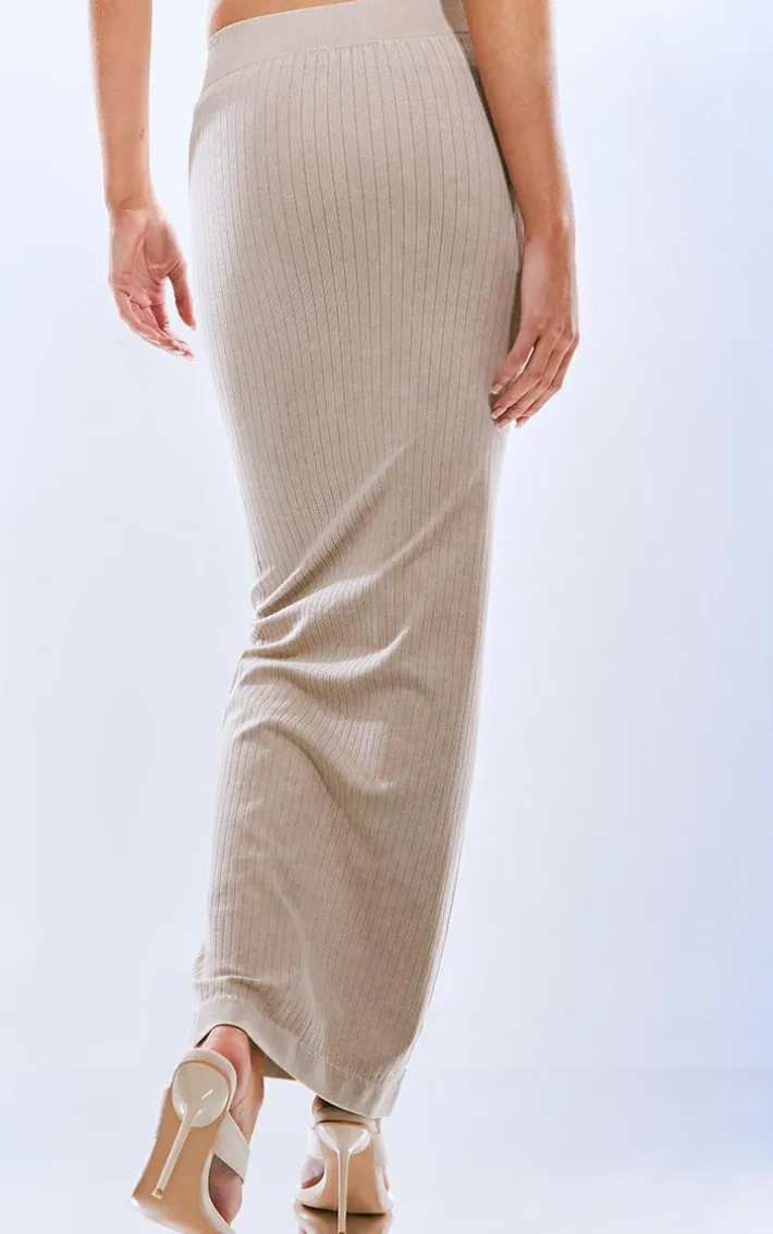 PRETTYLITTLETHING Oatmeal Washed Snatched Rib Low Rise Midaxi Skirt