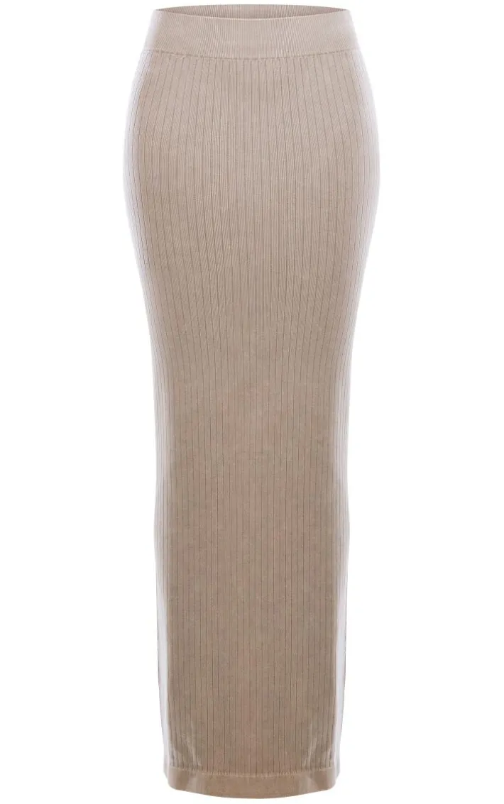 PRETTYLITTLETHING Oatmeal Washed Snatched Rib Low Rise Midaxi Skirt