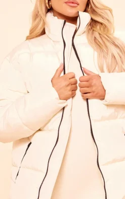 PRETTYLITTLETHING Off White Panelled High Neck Puffer Coat