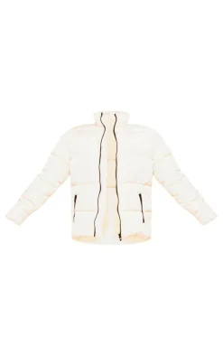 PRETTYLITTLETHING Off White Panelled High Neck Puffer Coat