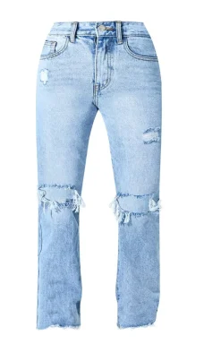 PRETTYLITTLETHING Petite Light Blue Wash Ripped Long Leg Straight Jeans