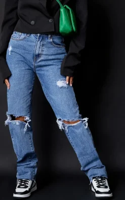 PRETTYLITTLETHING Petite Mid Blue Wash Ripped Long Leg Straight Jeans