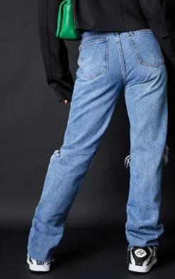 PRETTYLITTLETHING Petite Mid Blue Wash Ripped Long Leg Straight Jeans